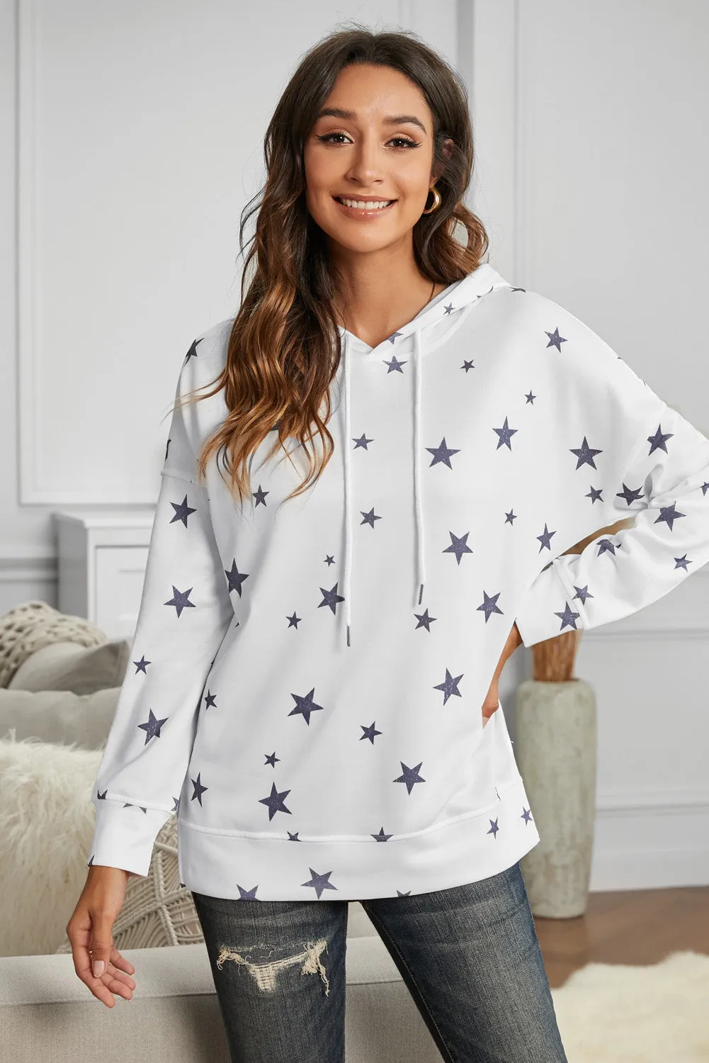 Women's Side Slits White Star Print Hoodie