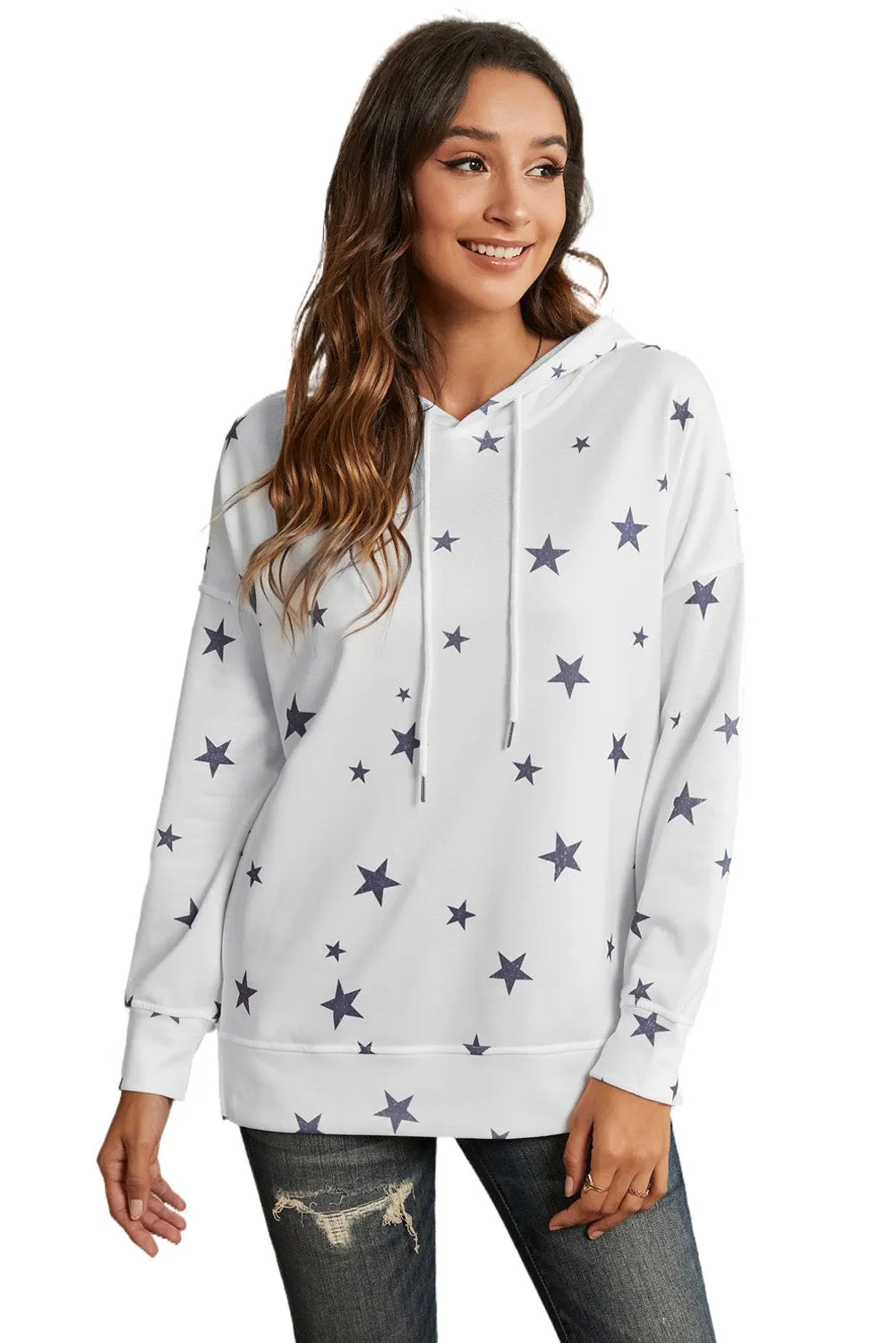 Women's Side Slits White Star Print Hoodie