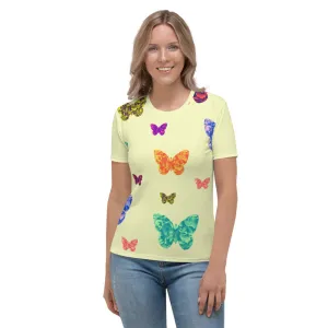 Womens T-shirt - Pale Yellow with Butterflies