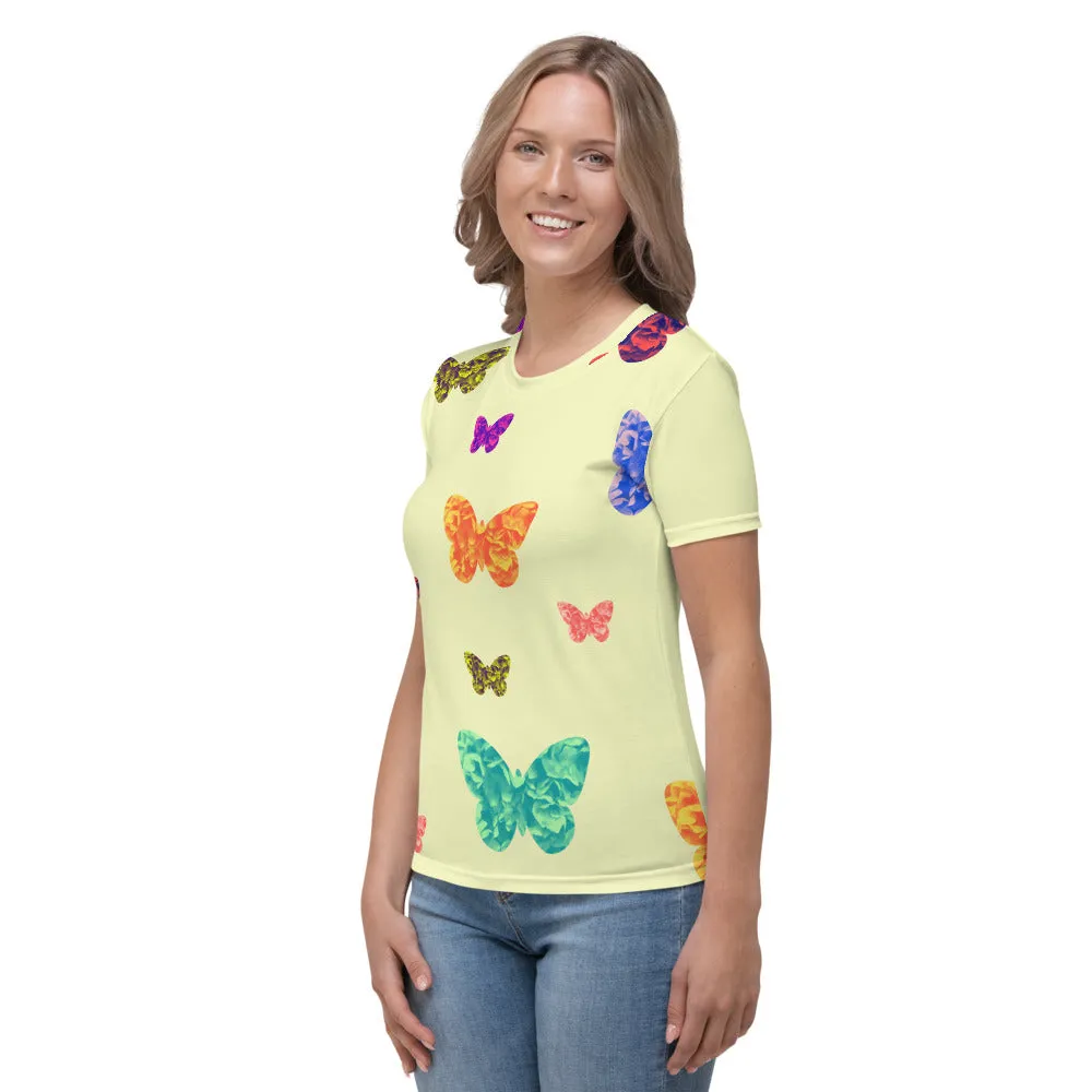 Womens T-shirt - Pale Yellow with Butterflies