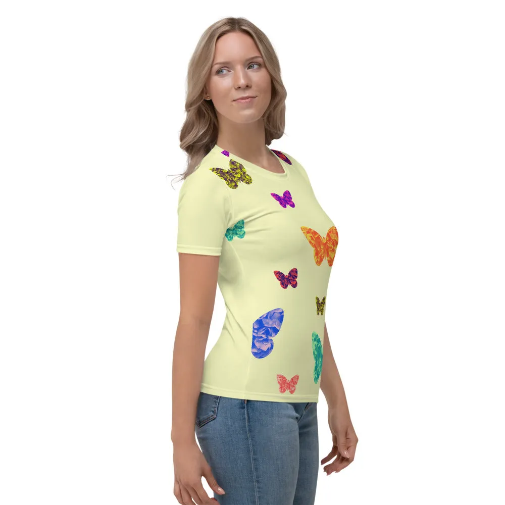 Womens T-shirt - Pale Yellow with Butterflies