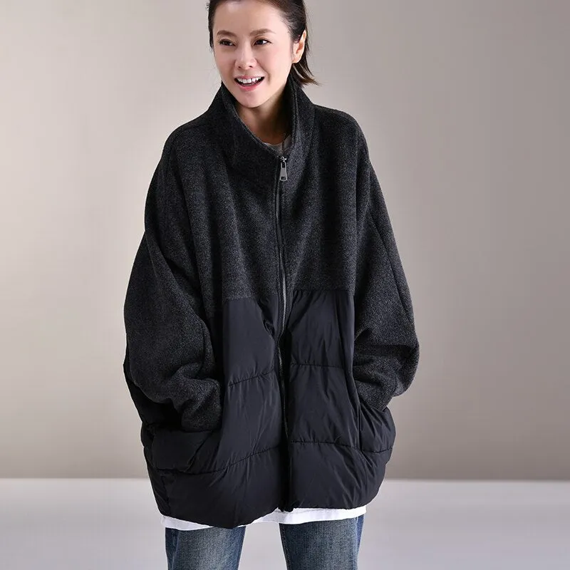 wool patchwork loose stand collar down jacket