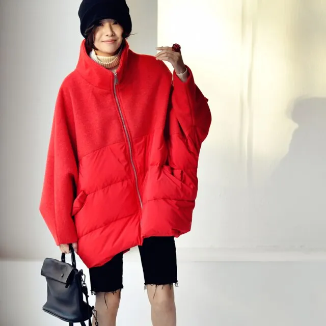 wool patchwork loose stand collar down jacket