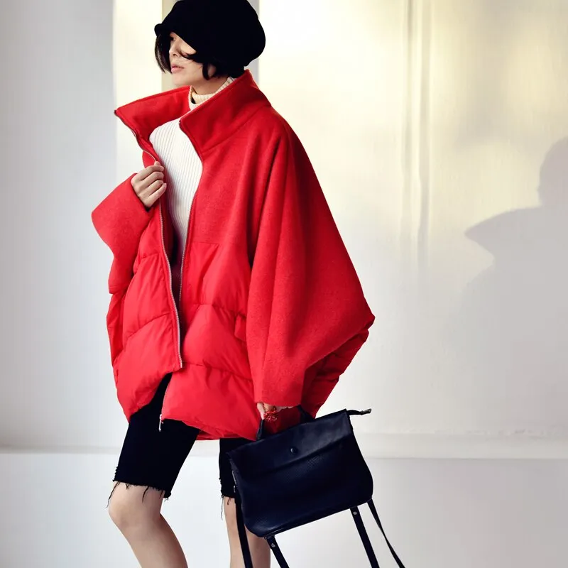 wool patchwork loose stand collar down jacket