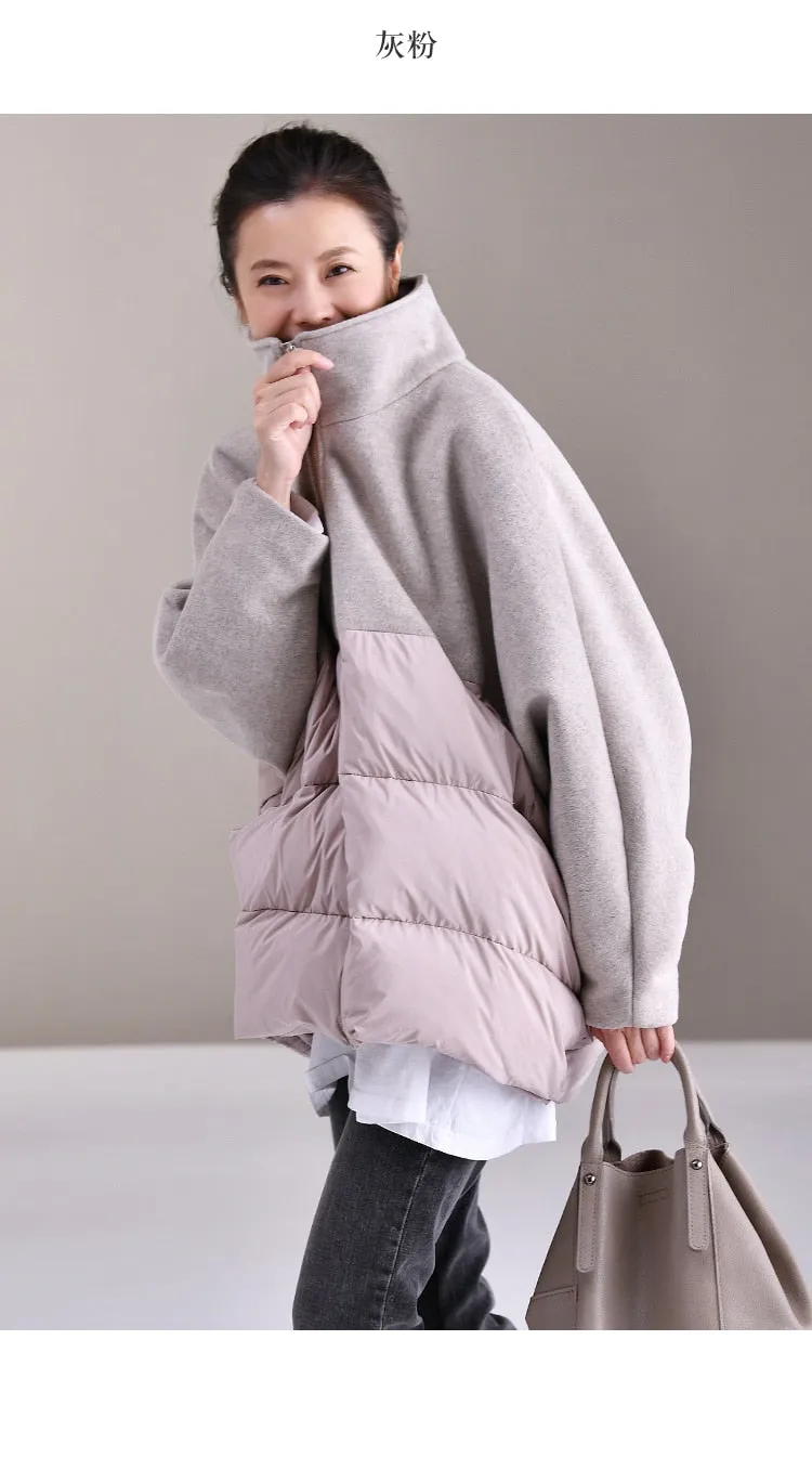 wool patchwork loose stand collar down jacket