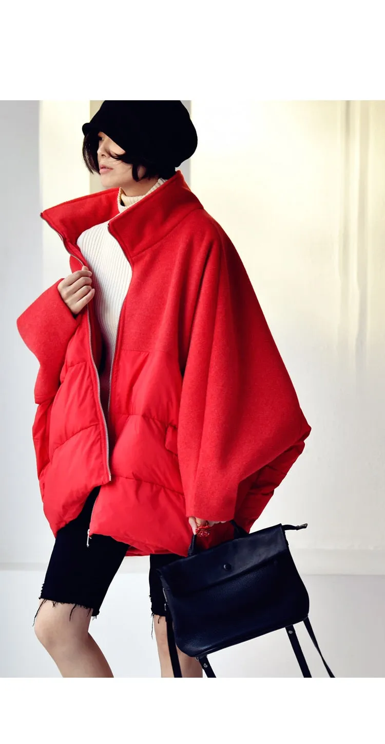 wool patchwork loose stand collar down jacket