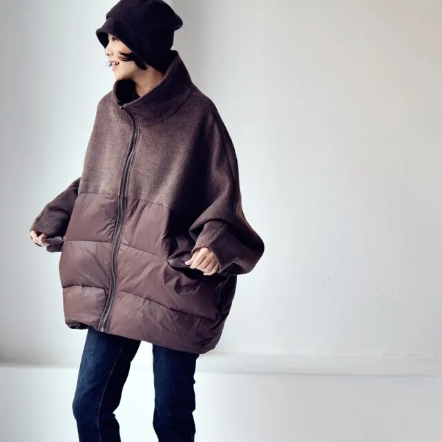 wool patchwork loose stand collar down jacket
