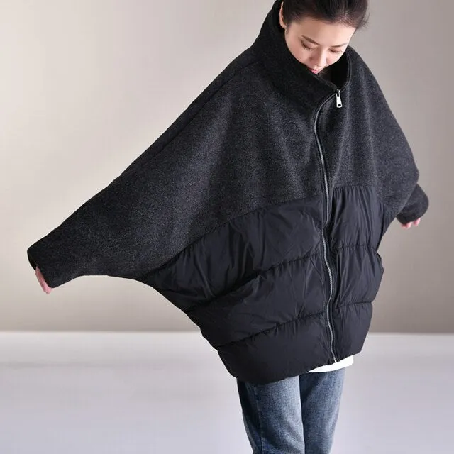 wool patchwork loose stand collar down jacket