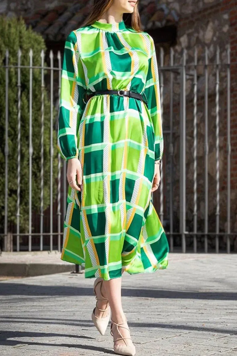 Work Elegant Geometric Patchwork Without Belt Half A Turtleneck A Line Dresses