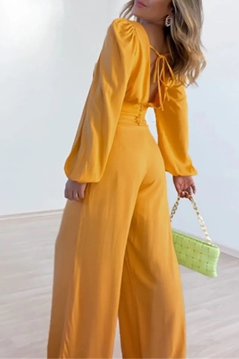 Work Elegant Solid Buttons Solid Color V Neck Long Sleeve Two Pieces