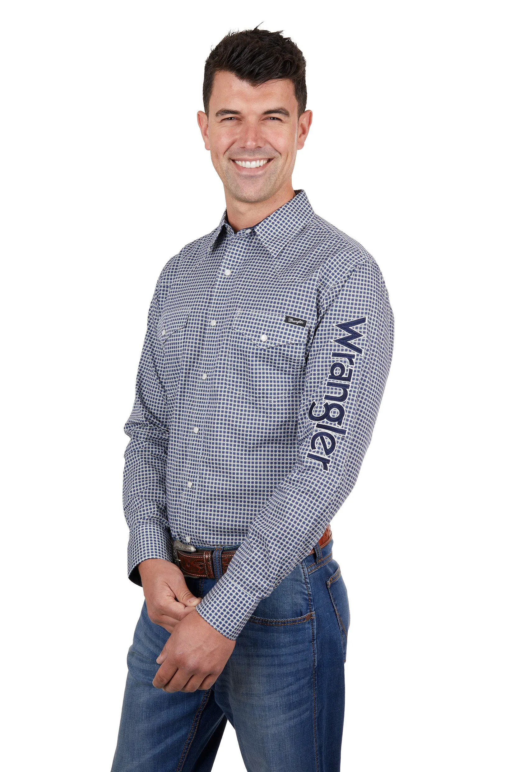 Wrangler Mens Peter Logo LS Shirt Navy & Tan