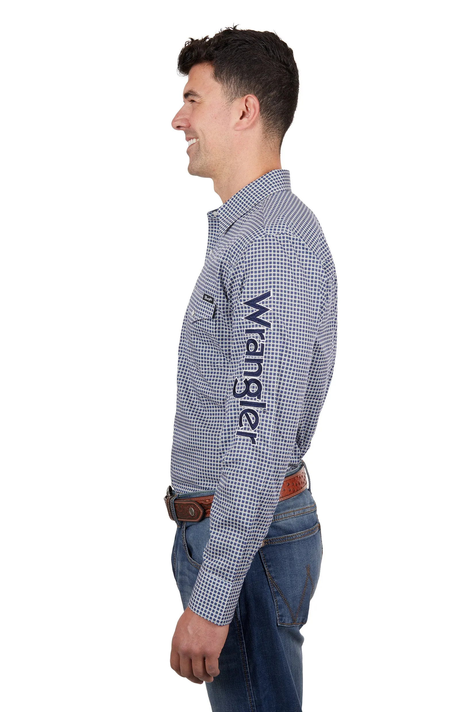 Wrangler Mens Peter Logo LS Shirt Navy & Tan