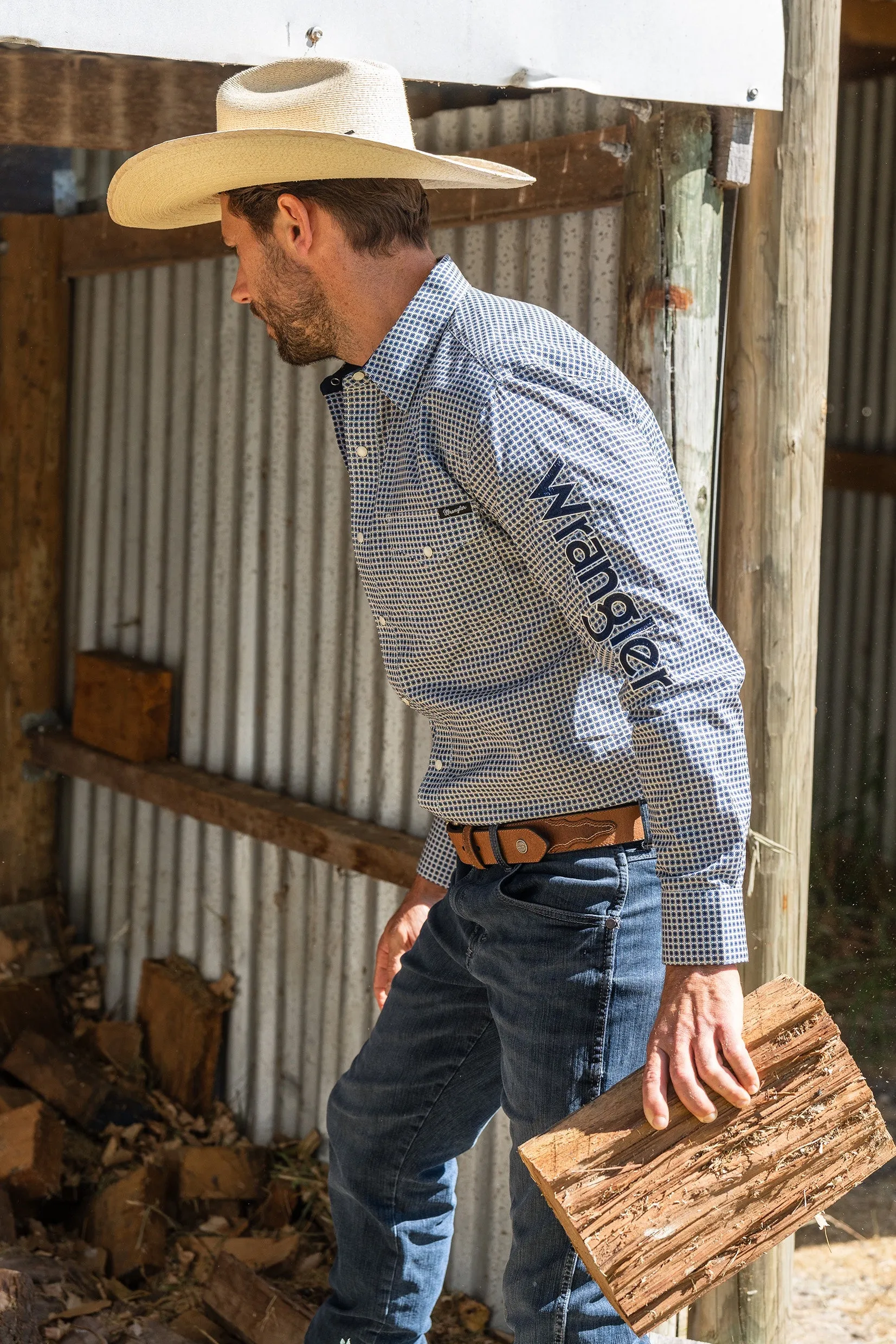 Wrangler Mens Peter Logo LS Shirt Navy & Tan
