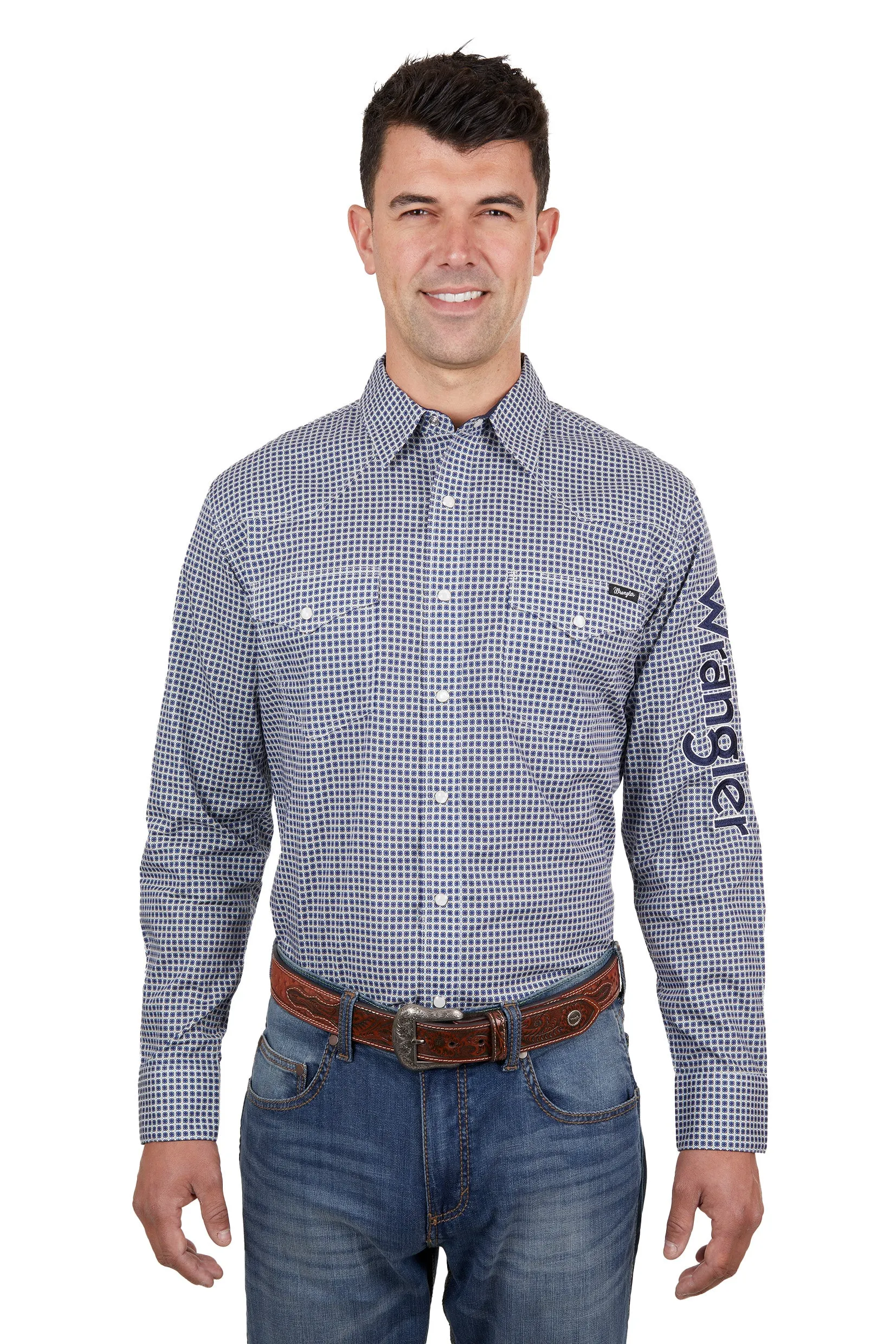 Wrangler Mens Peter Logo LS Shirt Navy & Tan