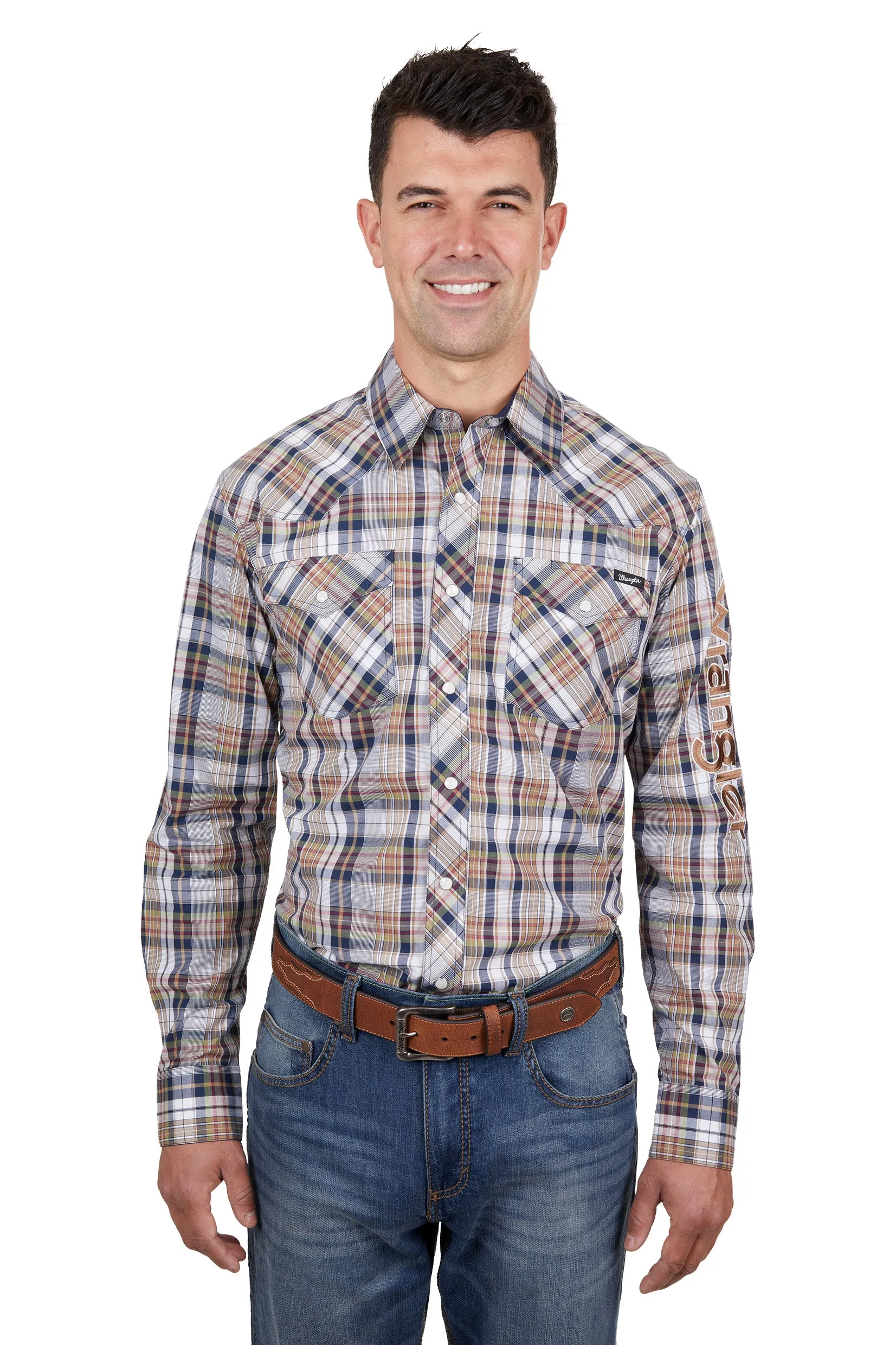 Wrangler Mens Tom Logo LS Shirt Navy & Tan