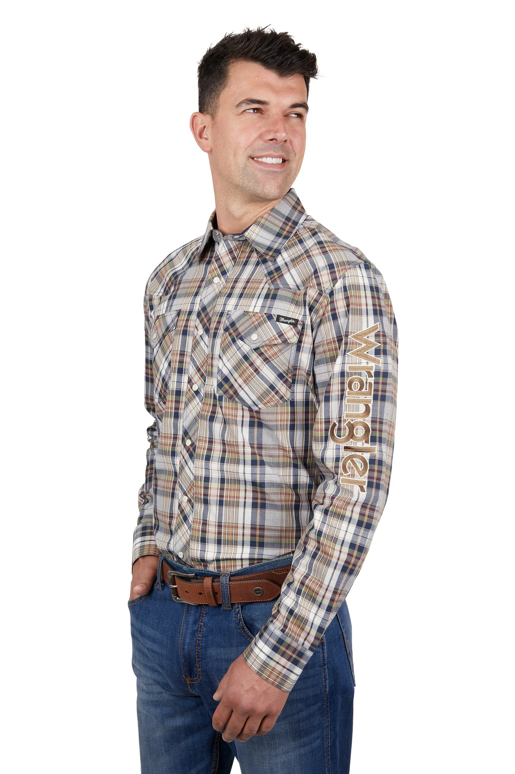 Wrangler Mens Tom Logo LS Shirt Navy & Tan
