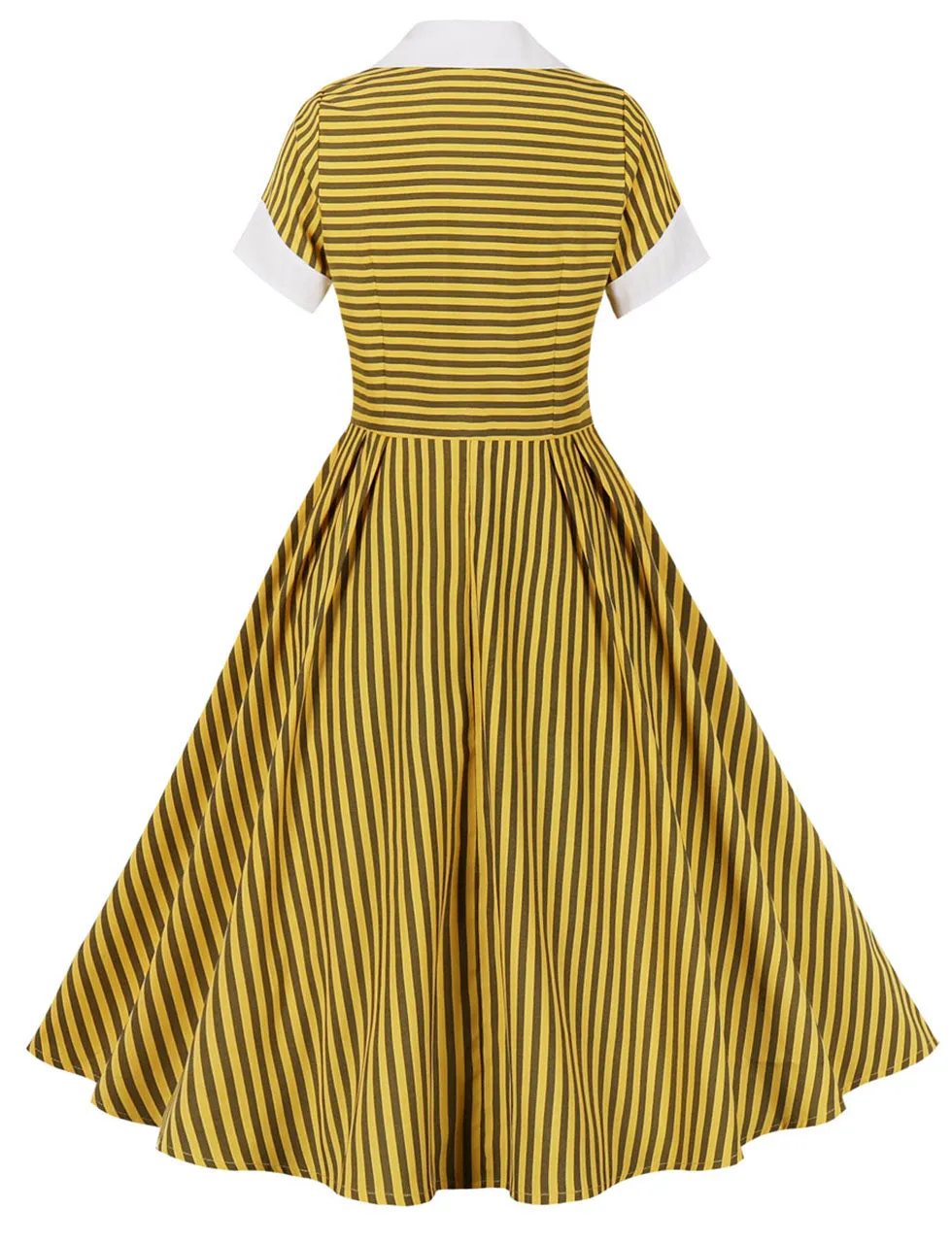 Yellow Stripe Turn Down Collar Short Sleeve 1950s Vintage Dress