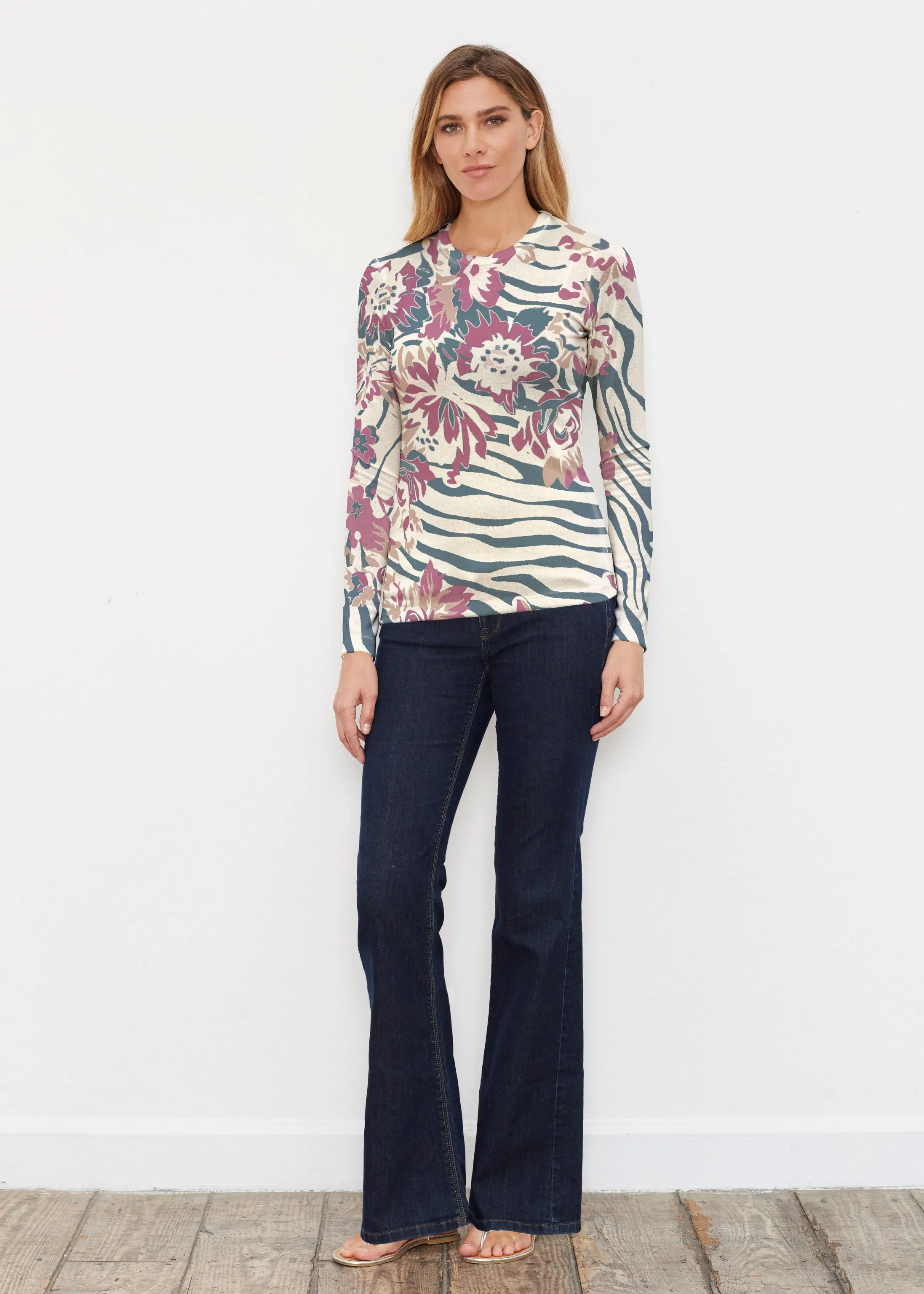 Zebra Posy Navy (8123) ~ Butterknit Long Sleeve Crew Top