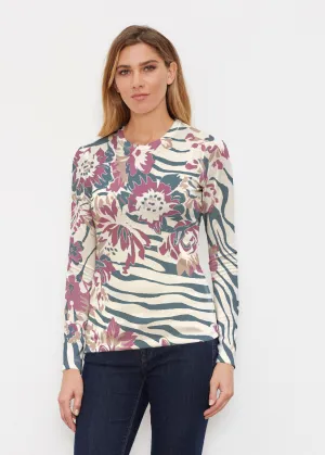 Zebra Posy Navy (8123) ~ Butterknit Long Sleeve Crew Top